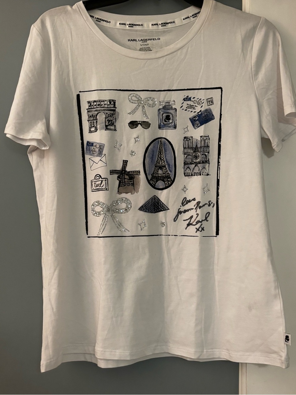 Karl Lagerfeld White Short-Sleeve Paris Graphic Tee with Navy & Silver Accents